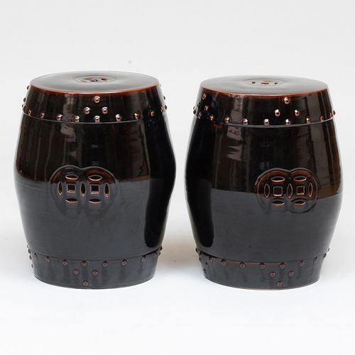 Pair of Chinese Brown Glazed Porcelain Garden Seats