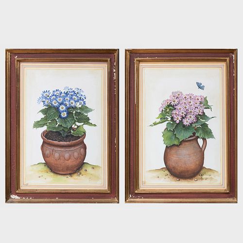 JosÃ© Escofet (b. 1930): Blue Daisies in a Pot; and Pink Daisies in a Pot