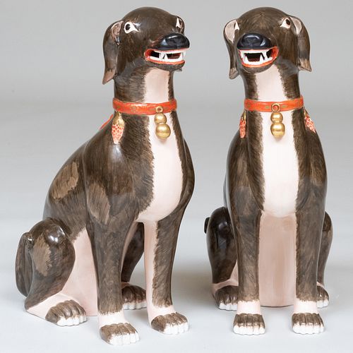 Large Pair of Italian Chinese Export Style Porcelain Models of Seated Dogs