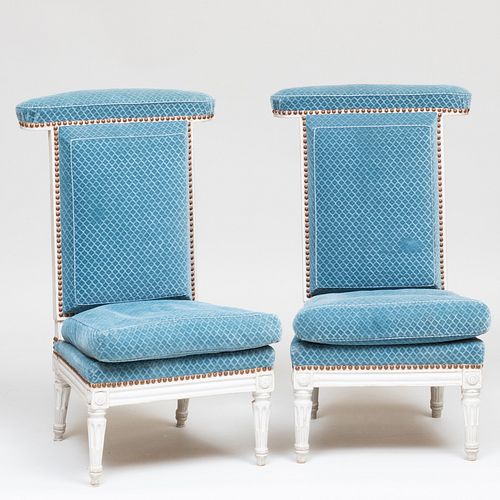 Pair of Louis XVI Style White Painted and Upholstered Prie Dieux