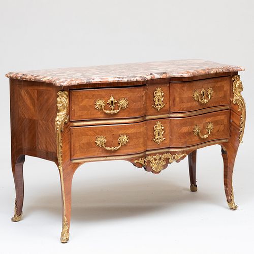 Early Louis XV Ormolu-Mounted Mahogany and Walnut Parquetry Double Serpentine Commode