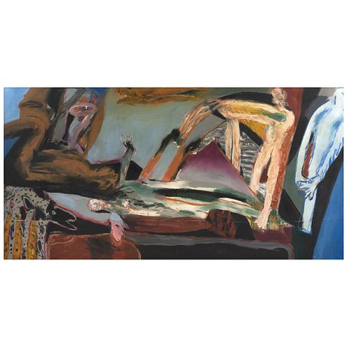 GILBERTO ACEVES NAVARRO, Unicornio atrapado por perro y máscara, 1996, Unsigned, Acrylic on canvas, 59.2 x 116.5" (150.5 x 296 cm), Certificate