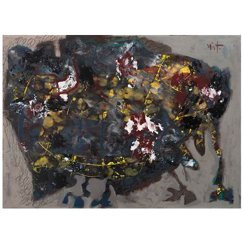 RODOLFO NIETO, Bisonte, Signed on front, Signed and dated P0-1968-50 on back, Mixed technique on wood, 28.7 x 39.5" (73 x 100.5 cm), Certificate