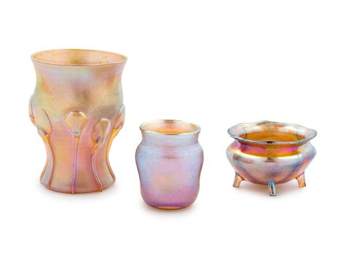 Tiffany Studios
American, 20th Century
Three Cabinet Articles,Comprising a vase, a salt cellar, and a toothpick holder