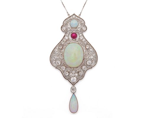 MARCUS & CO. Platinum, Opal, Diamond, and Synthetic Ruby Pendant Necklace