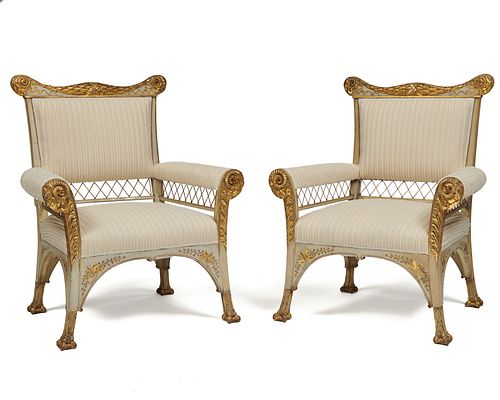 Pair of Aesthetic Movement Gray Painted Parcel Gilt Open-arm Chairs, mid 19th century