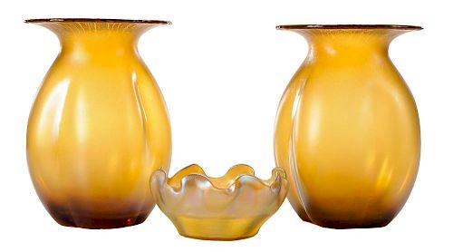 Pair of Gold Aurene Art Glass Vases,