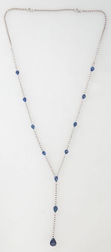 18K White Gold Link Necklace, with white gold links transitioning to a diamond mounted chain with 9 pear shaped sapphire mounted links, and a bottom t