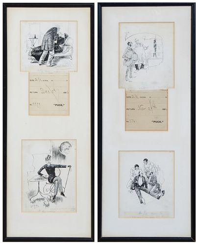 A. B. Schultz, Group of Four Pen and Ink Drawings," for Puck magazine, 1886, presented in two ebonized frames, Each- H.- 6 7/8 in., W.- 5 3/8 in.