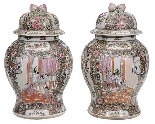 Pair Large Famille Rose Covered Jars