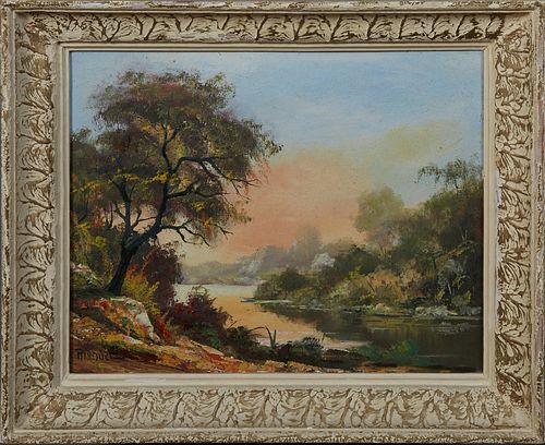 French School, "Hilly River Landscape," early 20th c., oil on canvas, signed illegibly lower left, presented in a gilt and polychromed frame, H.- 14 i