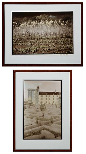Sandra Russell Clark (1949-, American), "Villanova, France," and "Great Dixter England," two handcolored photographs, pen titled lower left margin, pe
