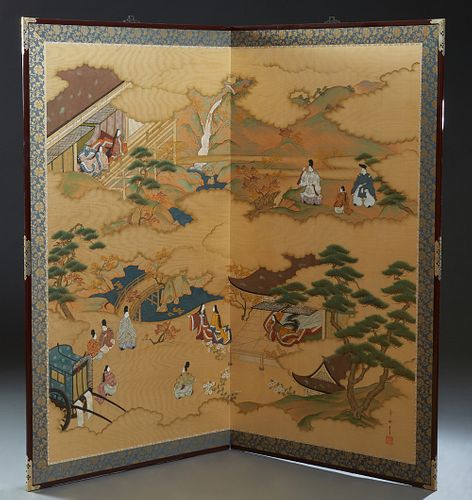 Japanese Two Panel Silk Dressing Screen, 20th c., in metal mounted mahogany frames, printed with figural and landscape decoration, H.- 67 3/4 in., Eac