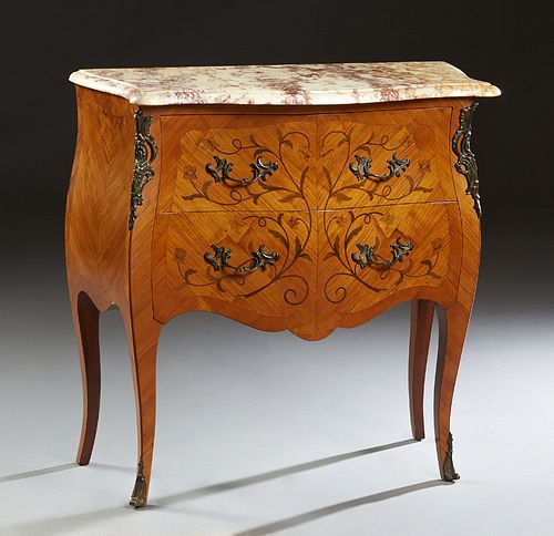 French Louis XV Style Ormolu Mounted Inlaid Mahogany Bombe Marble Top Commode, early 20th c., the serpentine highly figured creme and violette bowfron