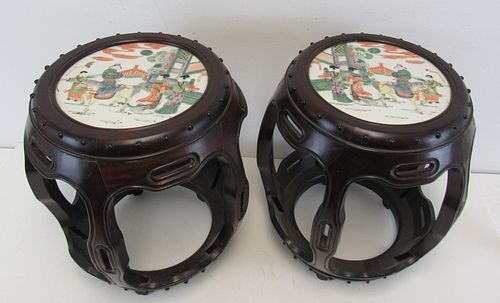 Pr of Garden Stools with Chinese Porcelain Plaques