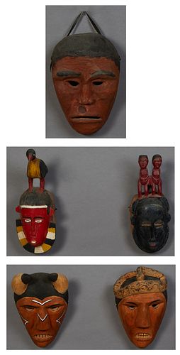 Group of Five Carved Polychromed Wood Death Masks, 20th c., two African, Baule Tribe, and three possibly native American, Tallest- H.- 14 3/4 in., W.-