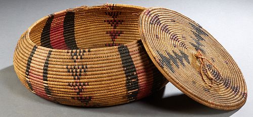 Two Native American Polychromed Woven Items, early 20th c., consisting of a large baluster bowl, and a matching circular plaque, Bowl- H.- 6 in., Dia.