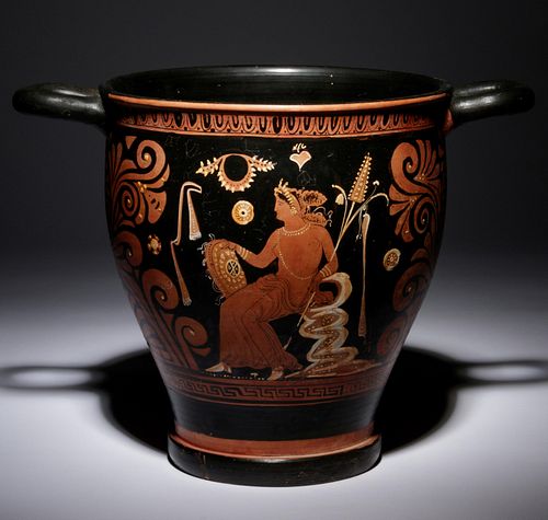 A Large Apulian Red-Figured Skyphos with Eros
Height 10 5/8 inches.
