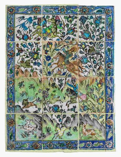 A Qajar Pottery Tile Panel
Height 39 1/2 x width 30 inches.