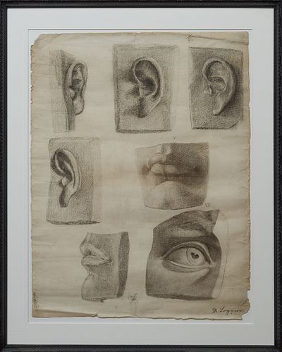 M. Loggino, "Studies of a Face," 19th c., charcoal. signed lower right, presented in an ebonized relief frame, H.- 24 in., W.-19 1/2 in.