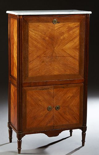 French Louis XVI Style Carved Inlaid Mahogany Marble Top Secretary Abattant, 19th c., the ogee edge cookie corner figured white marble over a fall fro