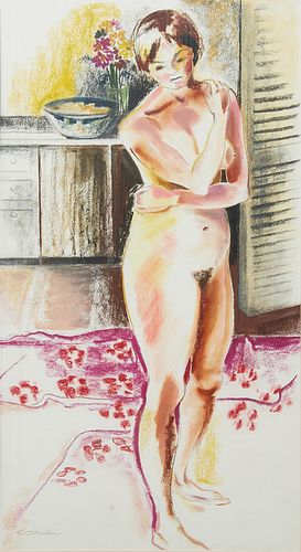 Kitty O'Meallie (1915-2014, Newcomb College), "Wondering," 20th c., mixed media, signed lower right, matted and shrink wrapped, H.- 34 3/4 in., W.- 23