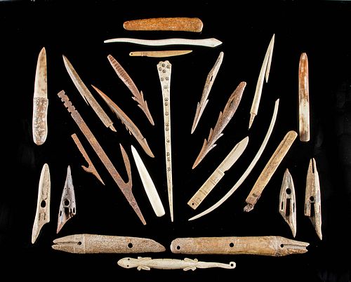 Lot of 25 Late 18th C. Inuit Bone, Iron & Ivory Tools