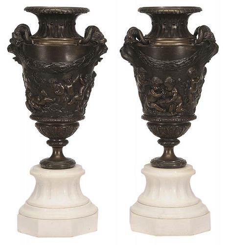 Pair of Bronze and Marble Urns