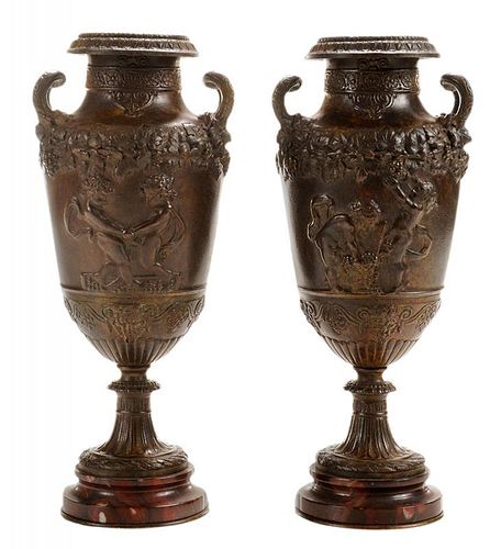 Pair Bronze Vases on Red Marble Bases