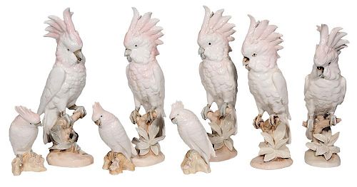 Eight Royal Dux Porcelain Cockatoos