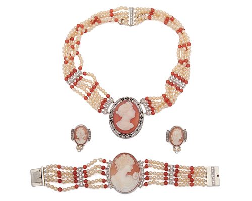 14K Gold, Seed Pearl, Red Bead, and Diamond Cameo Suite