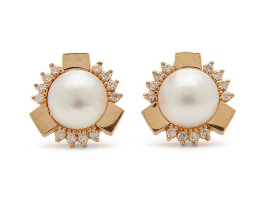 14K Gold, Pearl, and Diamond Earrings