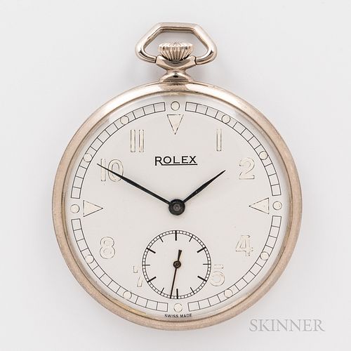 Rolex Open-face Watch, white-on-white arabic numeral dial with blued-steel hands, hinged Rolex signed nickel chrome case, 15-jewel stem