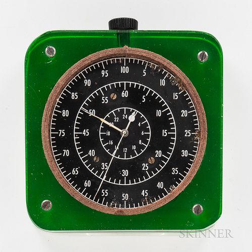 Hamilton 4992B U.S. Government Observatory Watch, colorless and green Plexiglas case housing the 2 3/4-in. dia. black dial with sweep c