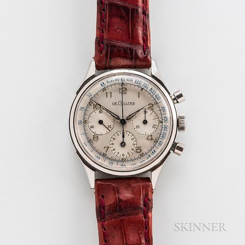 LeCoultre Three-register Stainless Steel Chronograph, c. 1960s, silvered dial with applied arabic numerals, concentric turned subsidiar