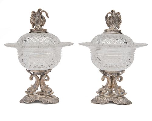 Pair of Continental Cut-Glass and Silver Covered Compotes, late 19th century