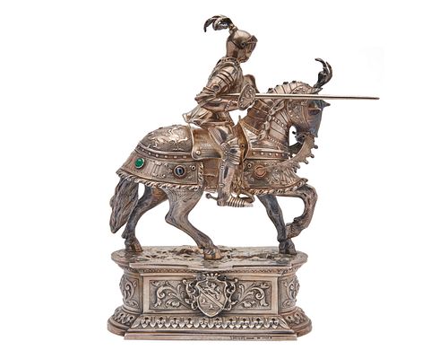 German Silver Figure of a Jousting Knight on Horseback