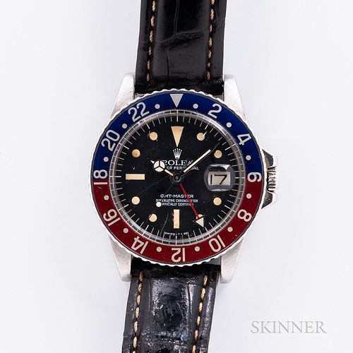 Rolex GMT Master Reference 1675 Wristwatch, c. 1976, polished stainless steel case with red and blue "Pepsi" aluminum bezel insert, Swi
