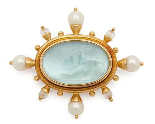 ELIZABETH LOCKE 18K Gold, Glass Intaglio, Mother-of-Pearl, Pearl, and Moonstone Brooch