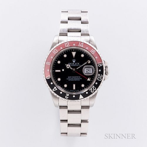 Rolex GMT Master II Reference 16710 with Box and Papers, c. 1997, stainless steel case with faded aluminum "Coke" bezel, glossy black d