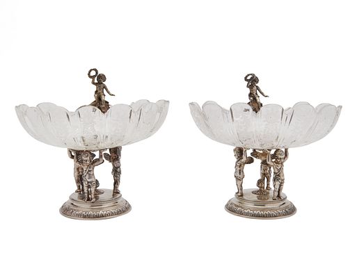 Pair of German Figural Silver and Cut-Glass Compotes