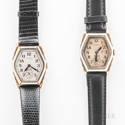 Two Illinois Watch Co. "Ritz" Wristwatches, both in two-tone cases with Art Deco-style arabic numerals, blued syringe hands, and subsid