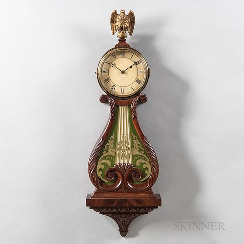 Walter Durfee Lyre or Harp Pattern Wall Clock, Providence, Rhode Island, c. 1910, mahogany case with brass bezel over the painted zinc