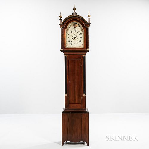 New England Cherry Tall Clock, c. 1830, black and gilt-painted fret over the free standing reeded columns, roman numeral painted iron d