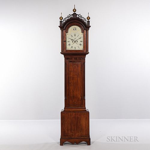 American Inlaid Cherry Tall Clock, Jonas Minott signed dial, New England, c. 1790-1810, pierced fret-top case, freestanding fluted colu