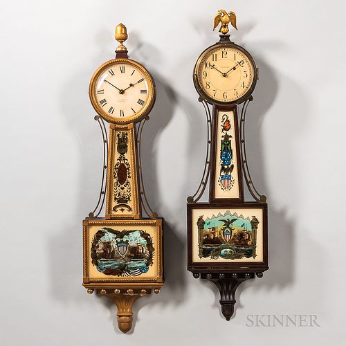 Two American "Banjo" Clocks, 20th century, a mahogany Waltham time-only with patriotic glasses, signed movement, wood rod pendulum, and