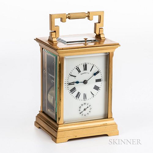 Tiffany & Co. Grand Sonnerie Carriage Clock, France, gilt-brass and beveled glass case, enameled roman numeral dial marked "Tiffany & C
