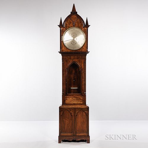 Gothic Walnut Astronomical Floor Regulator, gothic walnut veneer case with lancet-top hood and three pyramidal finials over the glazed