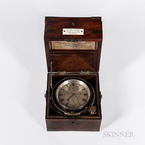 Two-day Marine Chronometer by French, c. 1845, brass-bound mahogany box with double-hinged lid, bone boss reading "Examined and Sold by