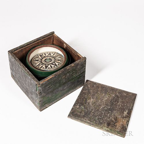 T.S. & J.D. Negus Boxed Compass, New York, c. 1870, green-painted dovetailed case with green-painted gimbaled compass bowl, 6-in. dia.